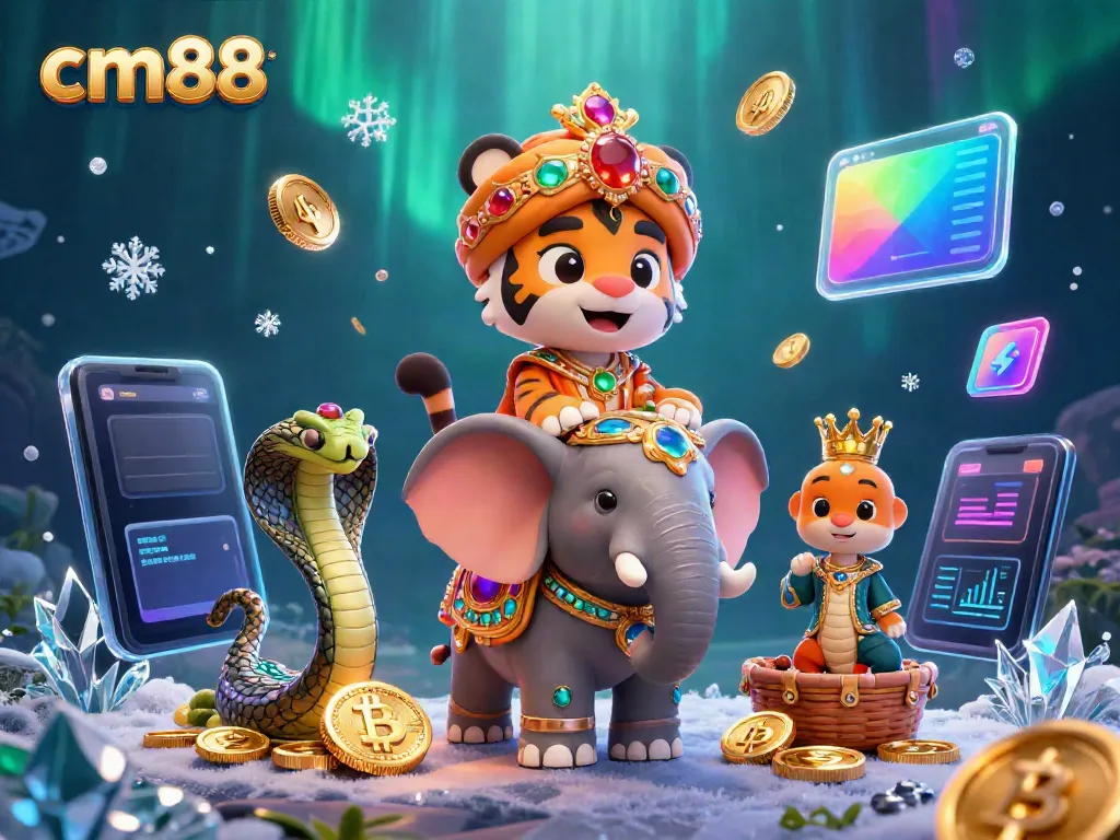 Engage with cm88's vibrant 3D casino illustration showcasing an enchanting tiger, elephant, and cobra.