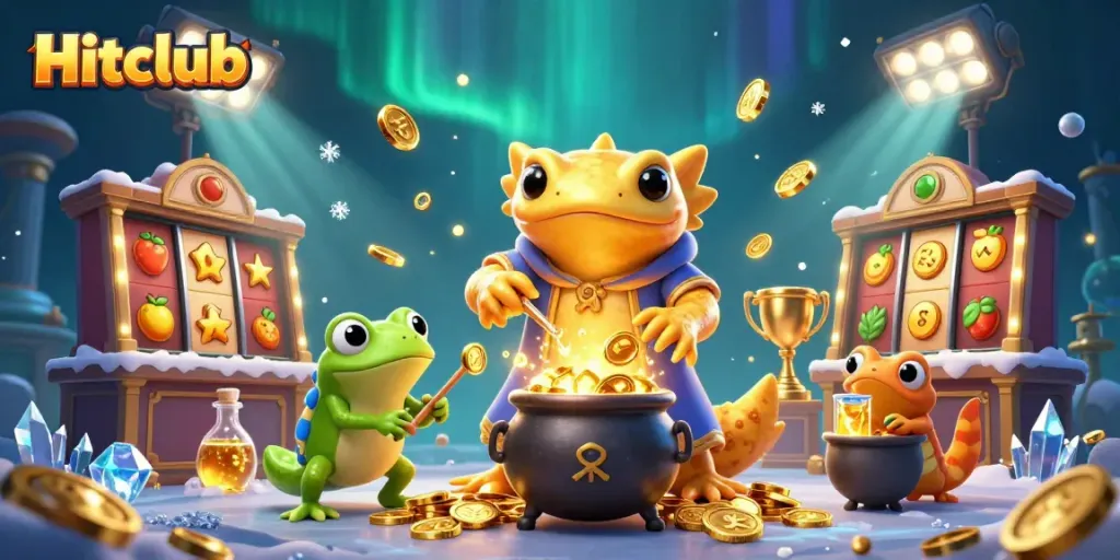 Experience Hitclub with a 3D casino scene featuring a golden salamander alchemist and slot elements.