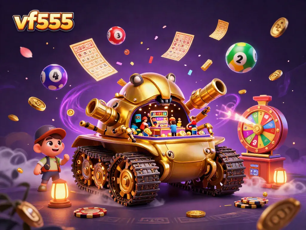 Experience the excitement of vf555 with a massive golden beetle tank revealing a miniature casino in a vibrant lottery scene.
