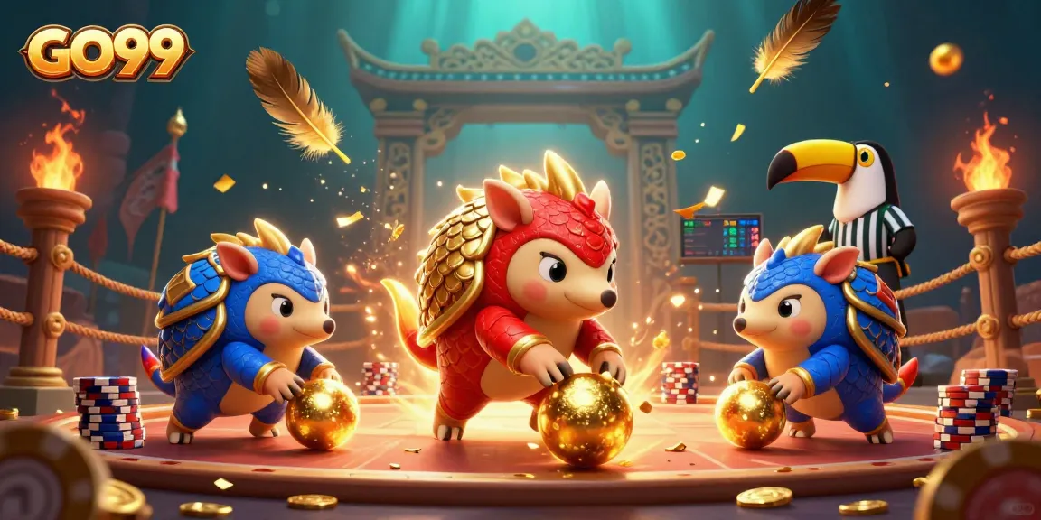 Engage with GO99's thrilling casino atmosphere featuring rival pangolins and dynamic gambling elements.