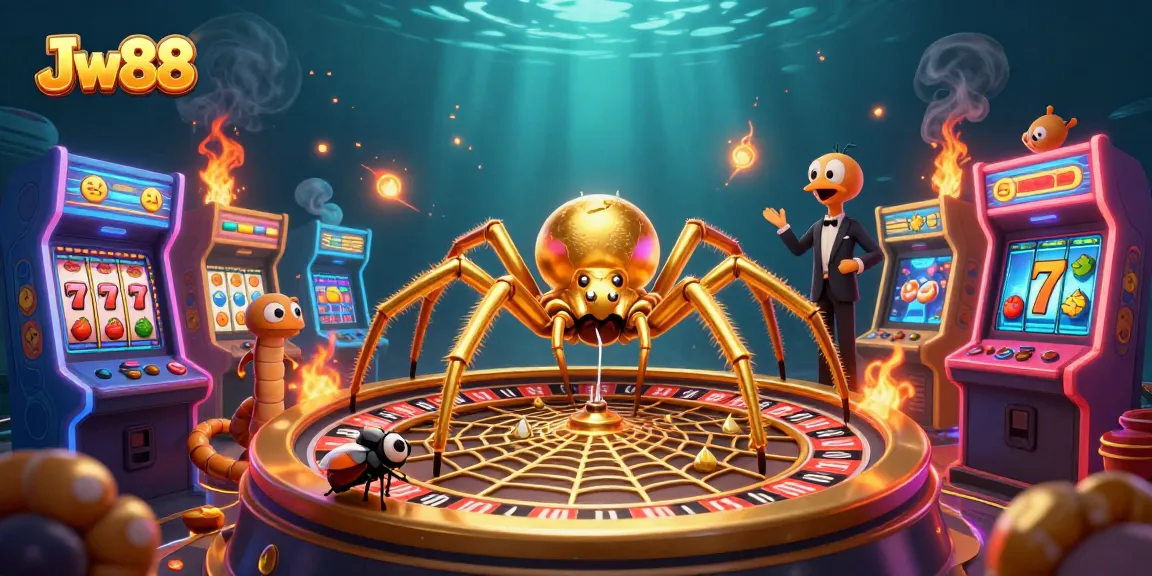 Experience thrilling action with Jw88, as a fly places bets near a spinning roulette web.