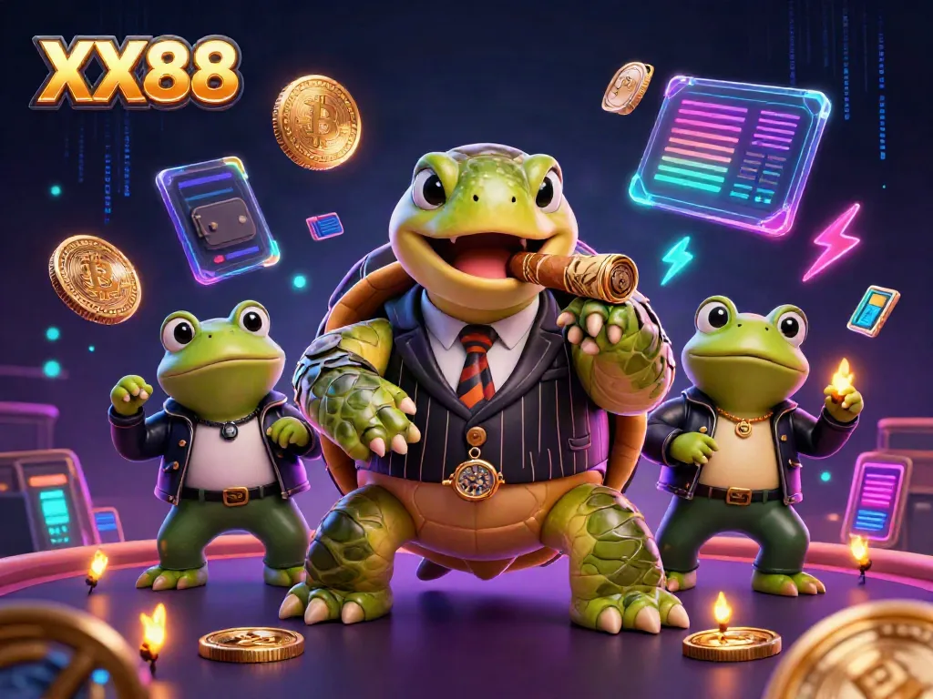 Experience thrilling action at XX88 with a vibrant 3D illustration featuring a massive turtle mobster and bullfrog enforcers.