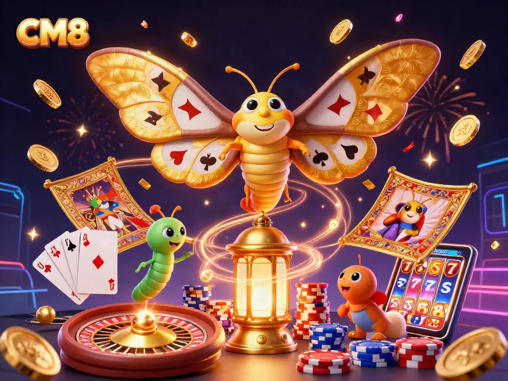 Win big with CM8 in this vibrant casino-themed digital illustration featuring exciting gaming elements.