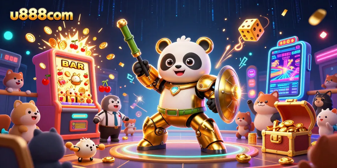 Experience thrilling action at u888com with vibrant visuals of a golden panda in a casino battle scene.