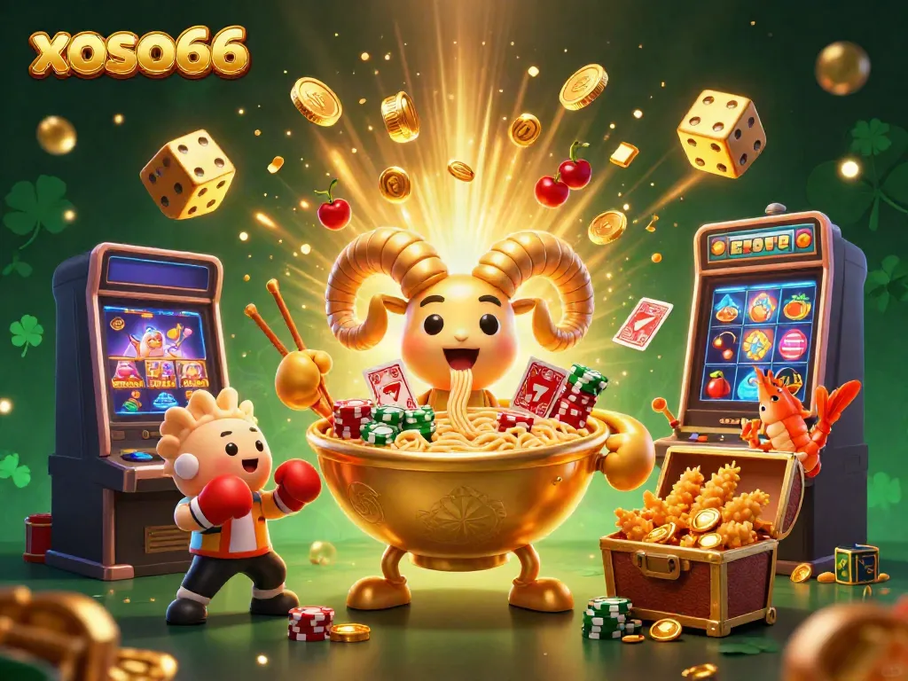Experience the excitement of Xoso66 with a vibrant 3D illustration of a giant ramen bowl dealer and casino elements.
