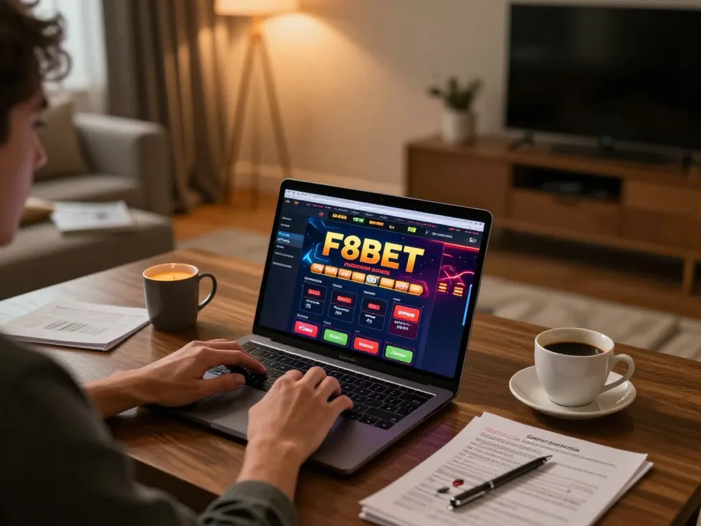 Player engaging with F8BET online casino on a laptop at home, showcasing a strategic gameplay environment.