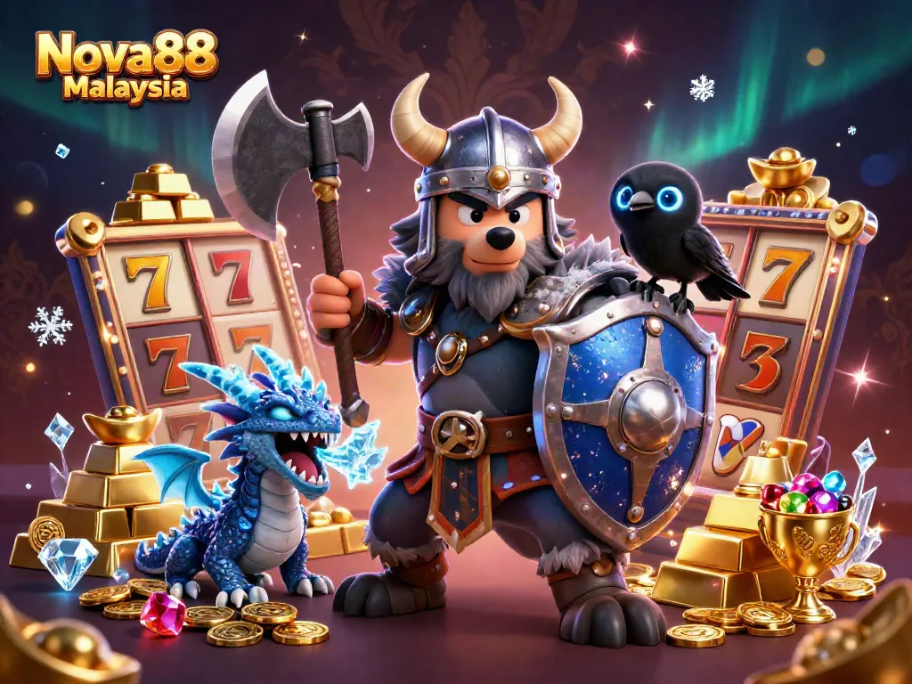 Engage with thrilling action at Nova88 Malaysia featuring a Viking warrior, dragon, and riches.