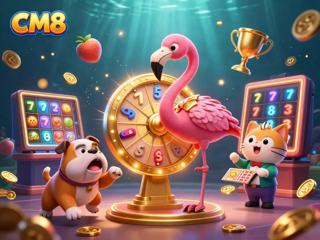 Spin to win big at CM8 with a vibrant casino game show illustration featuring a flamingo host!