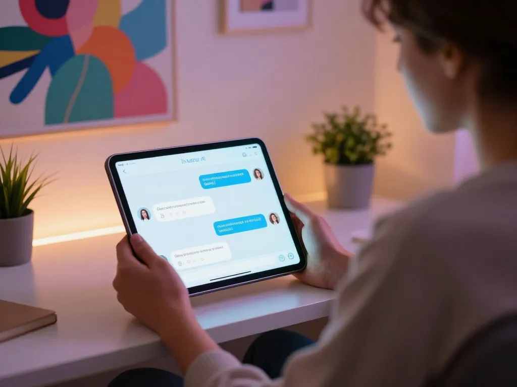 Engaging in stimulating ai sex chat with a virtual partner in a cozy digital environment.