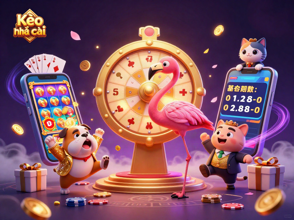 Kèo nhà cái showcases a vibrant casino scene where a flamingo host spins a prize wheel, thrilling viewers.