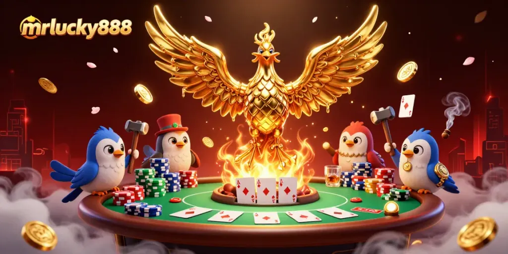 Experience the thrill of gaming at mrlucky888 with a majestic phoenix and vibrant casino elements.