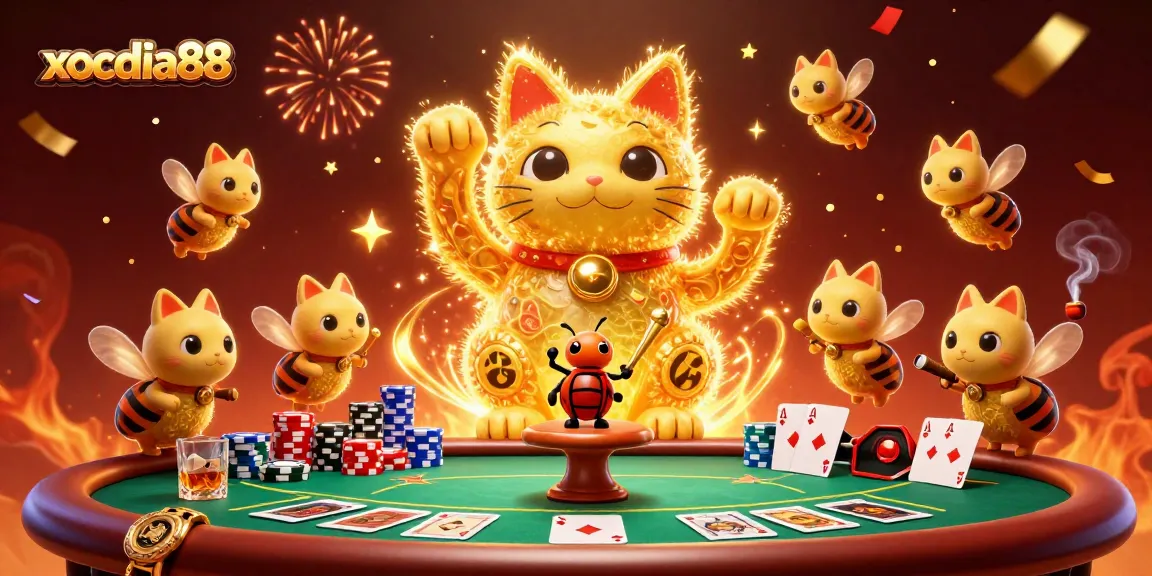 Xocdia88 offers engaging gaming experiences with a vibrant illustration of a lucky cat amidst poker elements.