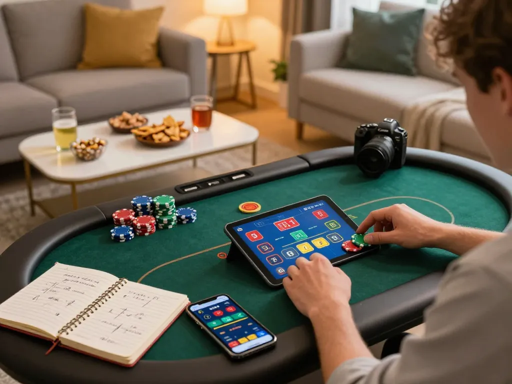 Player engaged with top game bài đổi thưởng on tablet, cozy home setting, strategic gambling scene.