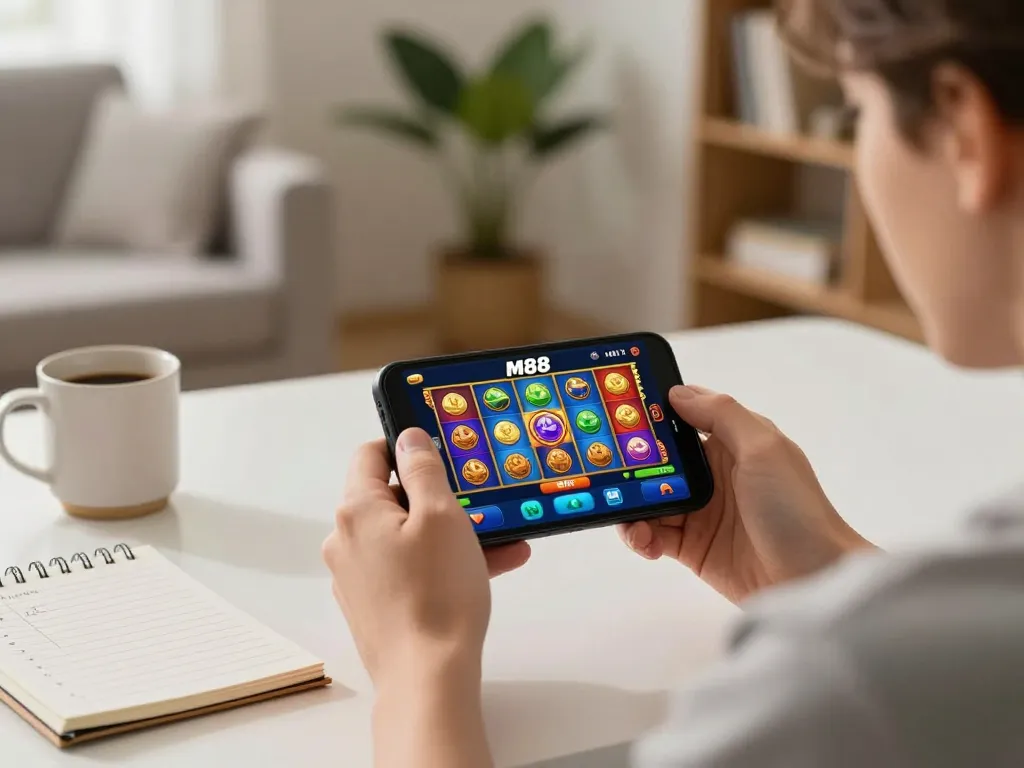 M88 login mobile in action with user engaging in online casino gaming from smartphone.