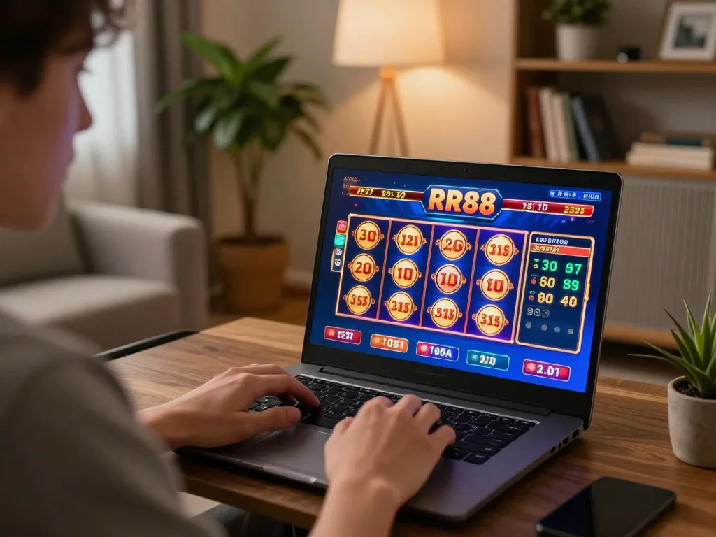 Engaged player exploring RR88 online casino on laptop in a cozy home setting.