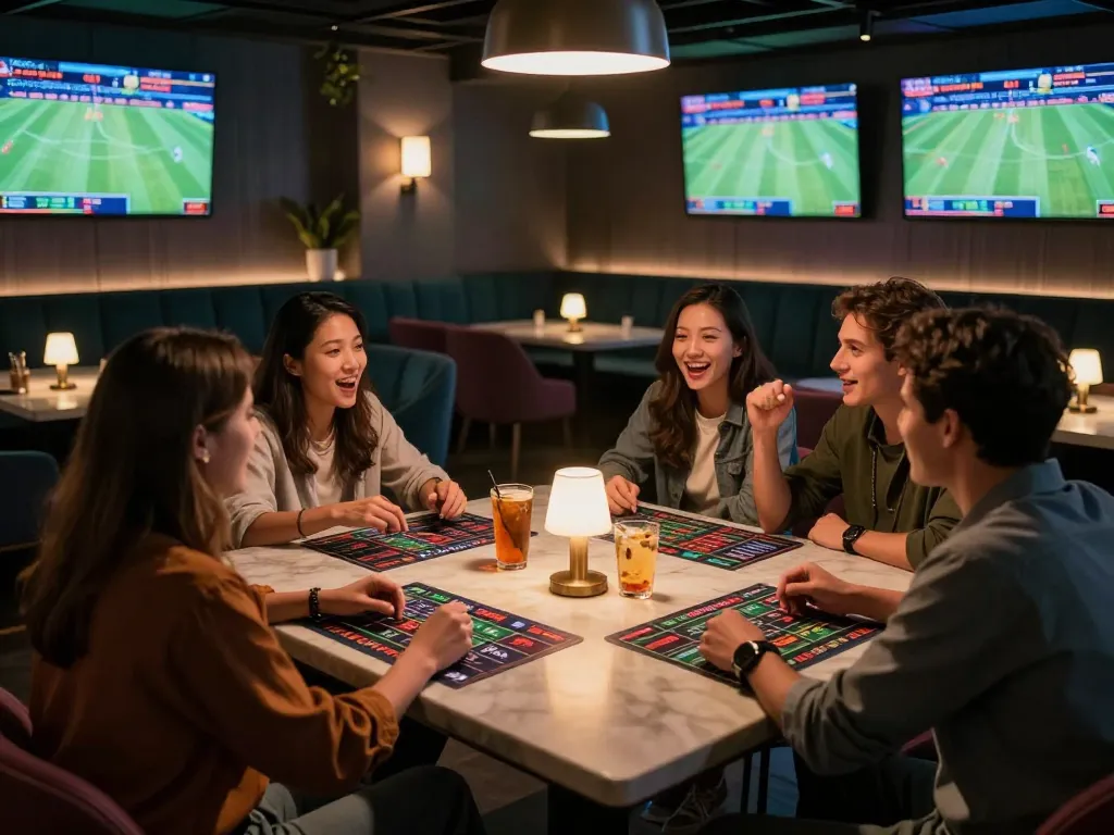 Friends engaging in sports betting while watching live games, emphasizing keo nha cai excitement.