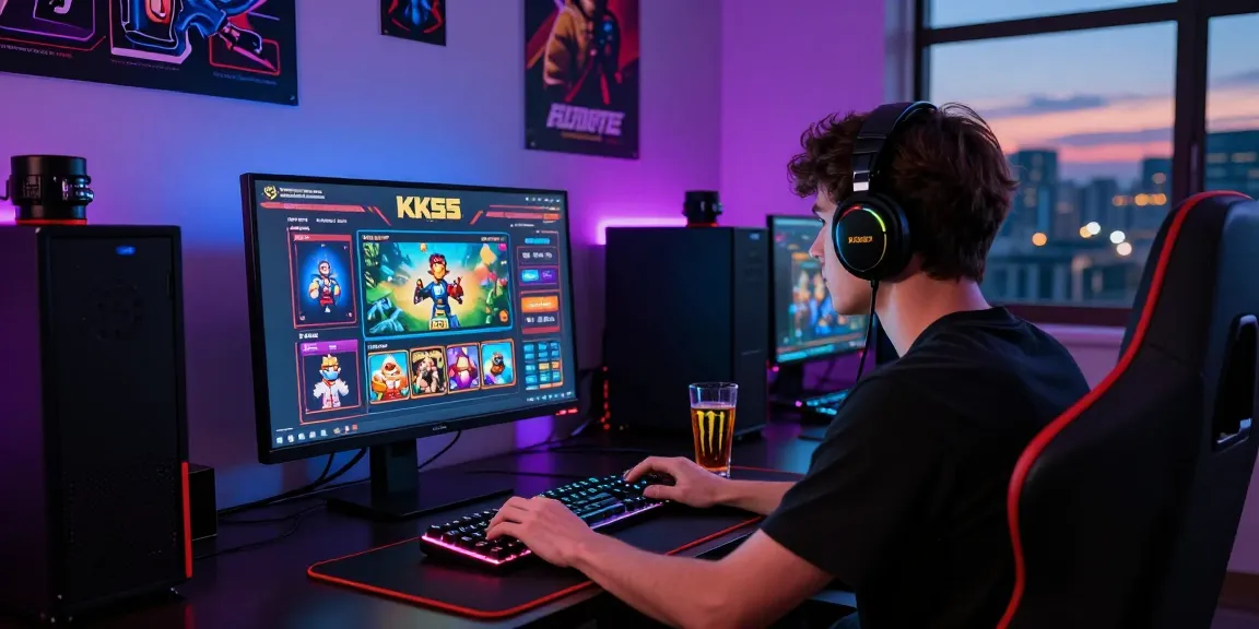 Engaged gamer exploring KK55 online casino interface with gaming gear in a stylish setup.
