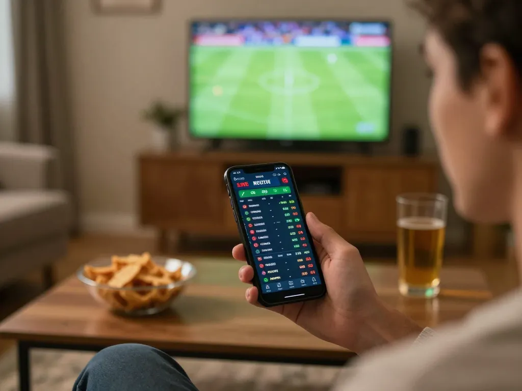 Engaging scene of kèo nhà cái hôm nay betting activity on a smartphone during a live soccer match.