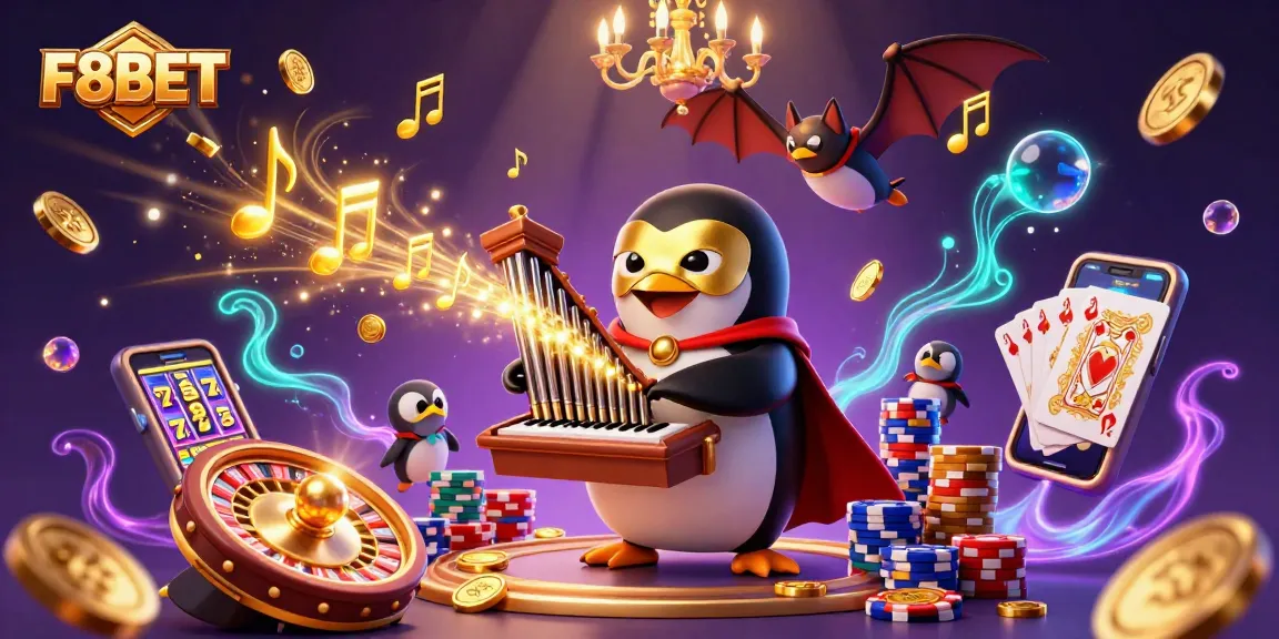 Join the excitement at F8BET with a lively 3D illustration of cartoon penguins and casino games.