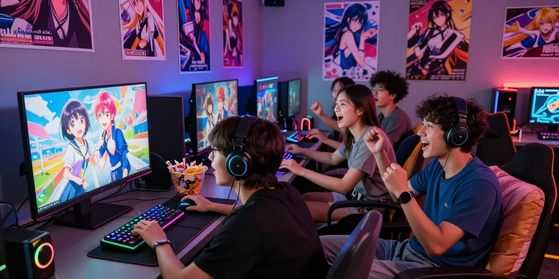 Group playing an ecchi game in a vibrant gaming lounge filled with excitement.