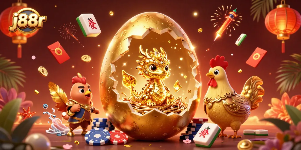 Spin and win with j88r's vibrant golden dragon and poker chips in a dynamic 3D casino scene.