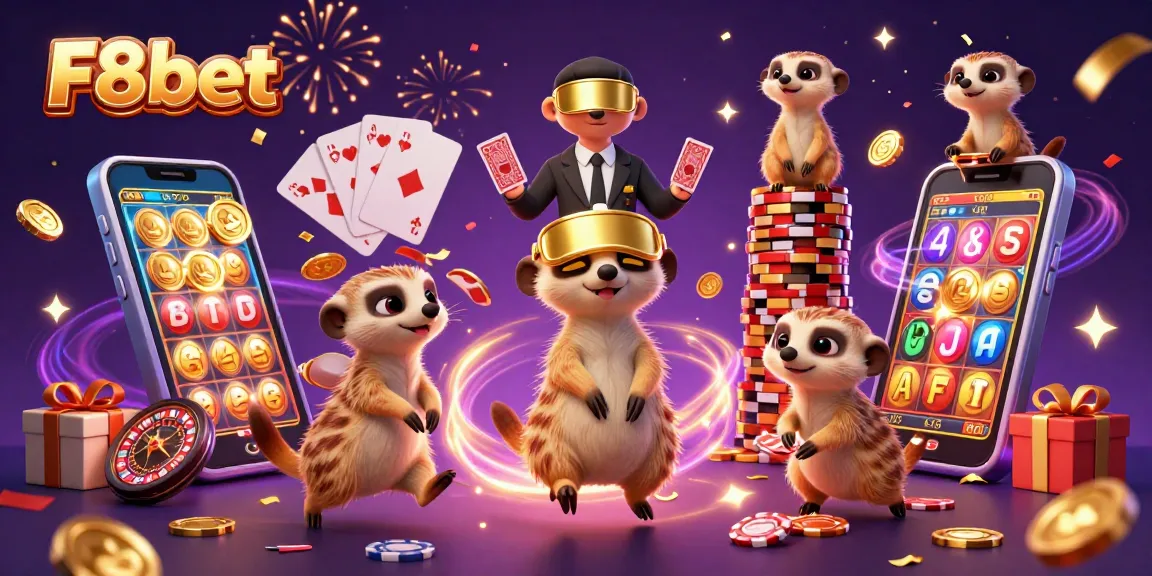 Experience thrilling gameplay with F8bet in this vibrant casino scene with meerkat dealers and slot games.