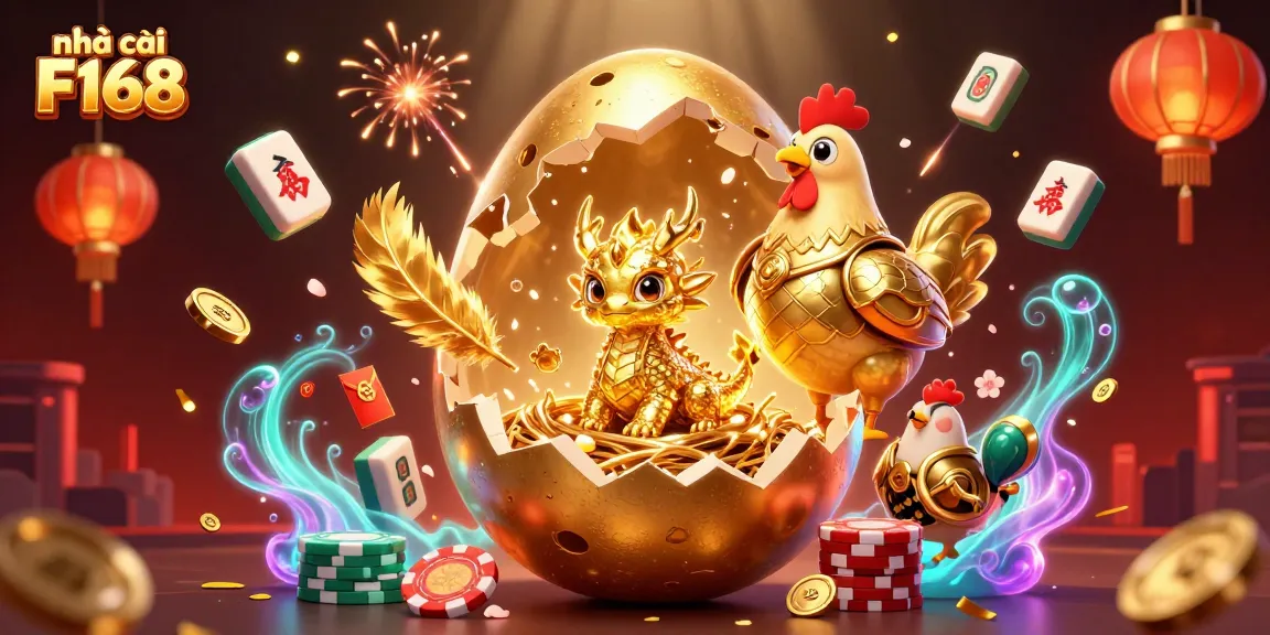 Experience the excitement of nhà cái F168 with crystalized gold dragon, poker chips, and vibrant casino elements.