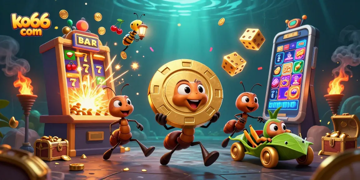 Engage with ko66 com's unique casino adventure featuring dynamic slot games, gold coins, and vibrant characters.
