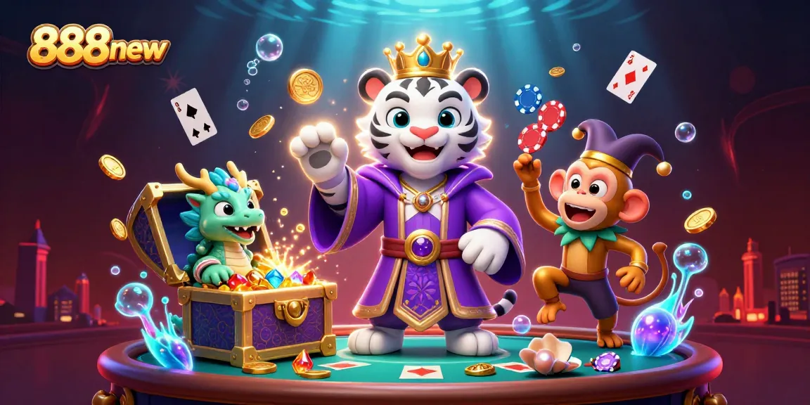 Engage with 888new's vibrant casino scene featuring a majestic tiger, juggling monkey, and floating poker elements.