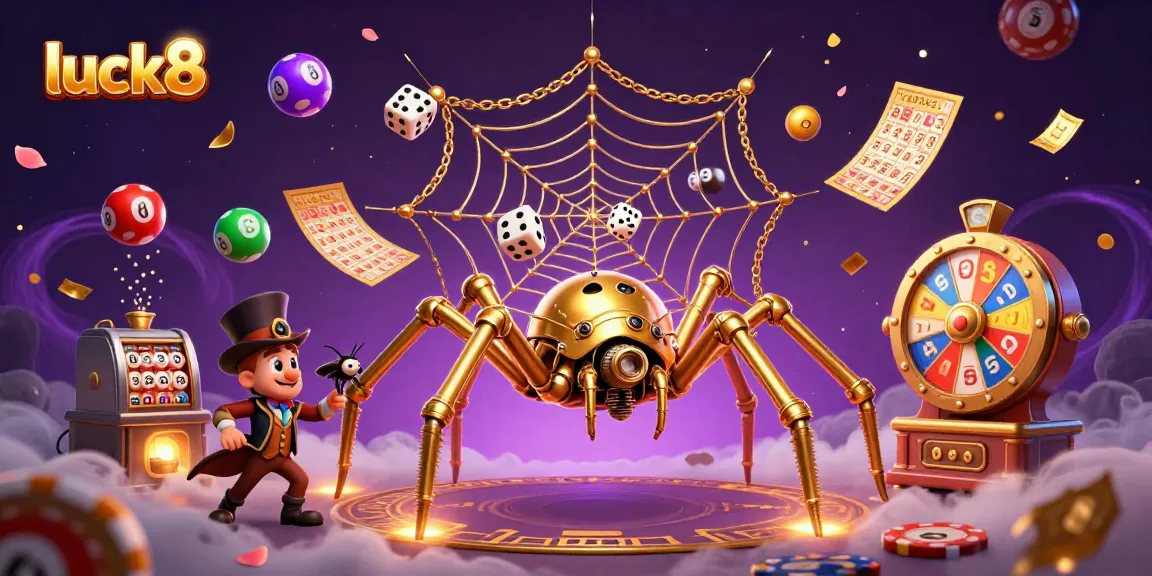 Experience the excitement of luck8 with vibrant lottery balls and a whimsical spider web filled with prizes.
