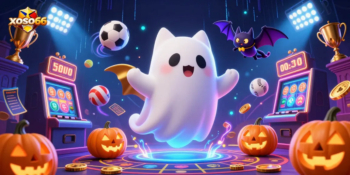 Xoso66 ghost cat and bat celebrate online gambling with glowing slot machines and vibrant gaming elements.