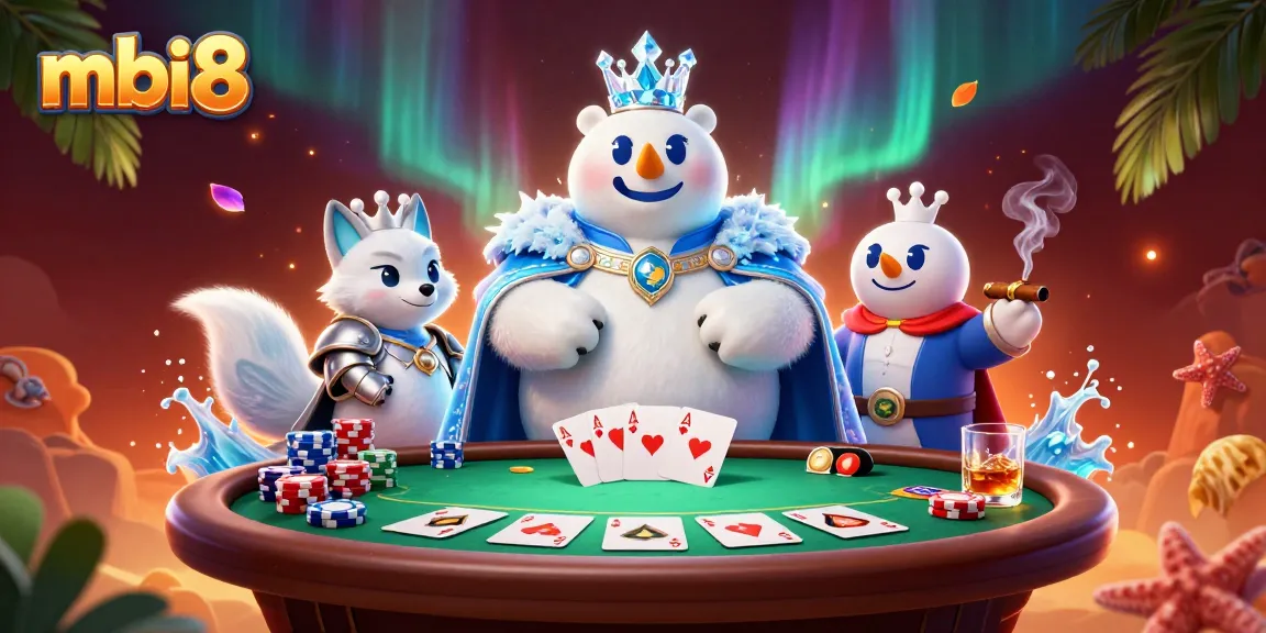 Experience thrilling poker action at mbi8 with the ice king polar bear and snowy fox in a vibrant casino scene.