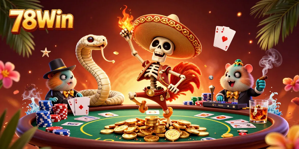 Experience thrilling games at 78Win with vibrant characters celebrating on piles of coins.