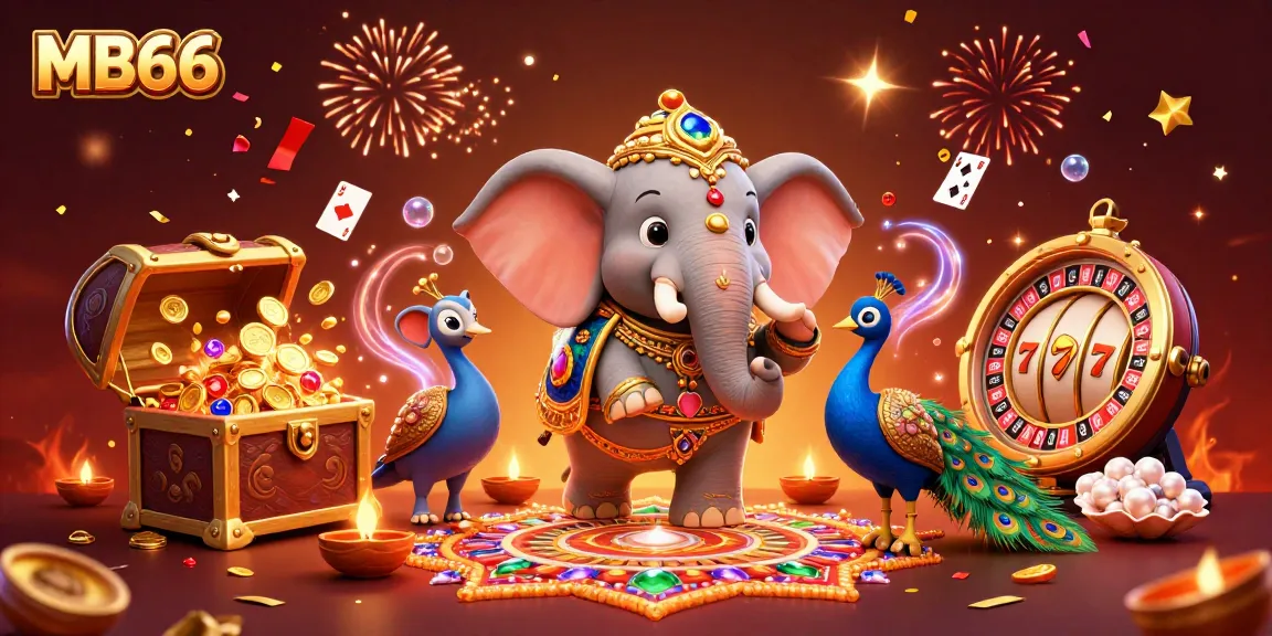 Experience the rich casino world with MB66's vibrant elements and characters in a dynamic, festive illustration.