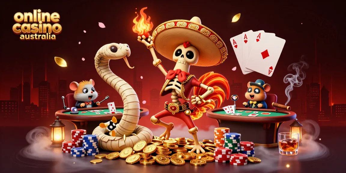 Experience the excitement of online casino Australia with vibrant characters and casino elements in this dynamic illustration.