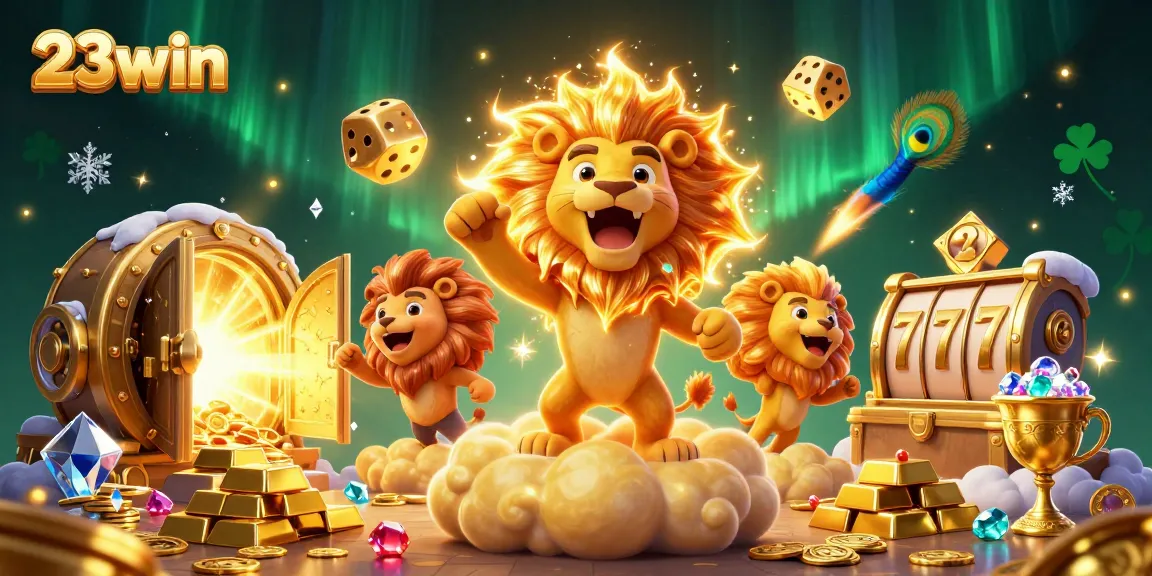 Bet on slots and jackpots with 23win's vibrant casino illustration filled with gold treasures.