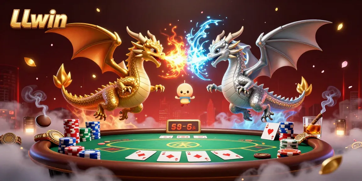Engage with LLwin's dynamic online gaming universe featuring gold and silver dragons, poker chips, and vibrant casino elements.