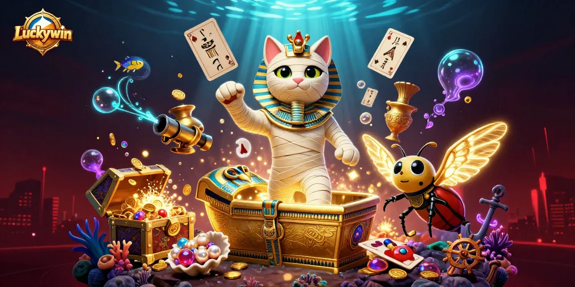 Experience thrilling adventures at Luckywin, where 3D mummy cat and scarab beetle conquer a vibrant casino world.