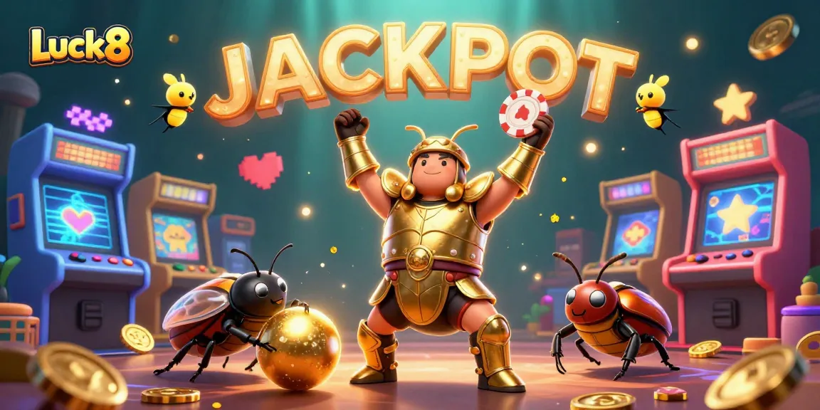 Luck8 celebrates wins with a heroic beetle and glimmering casino elements in an exciting scene.