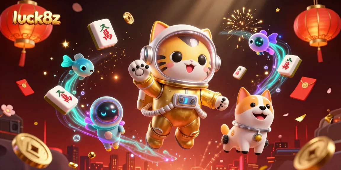 Join the fun at luck8z with an adventurous cosmic cat, robot dog, and alien creatures amidst gambling elements.
