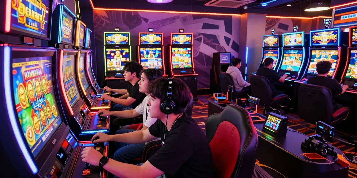 Exciting gaming scene showcasing slot gacor enthusiasts playing vibrant video slots in a high-energy environment.