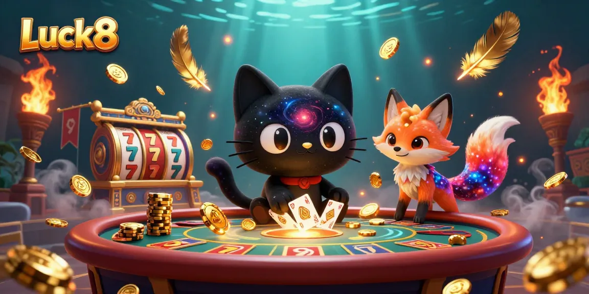 Luck8 invites players to a cosmic casino experience with golden chips and vibrant elements.