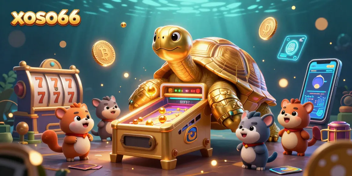 Engage in exhilarating gaming with xoso66 featuring a golden tortoise pinball machine and vibrant slots.